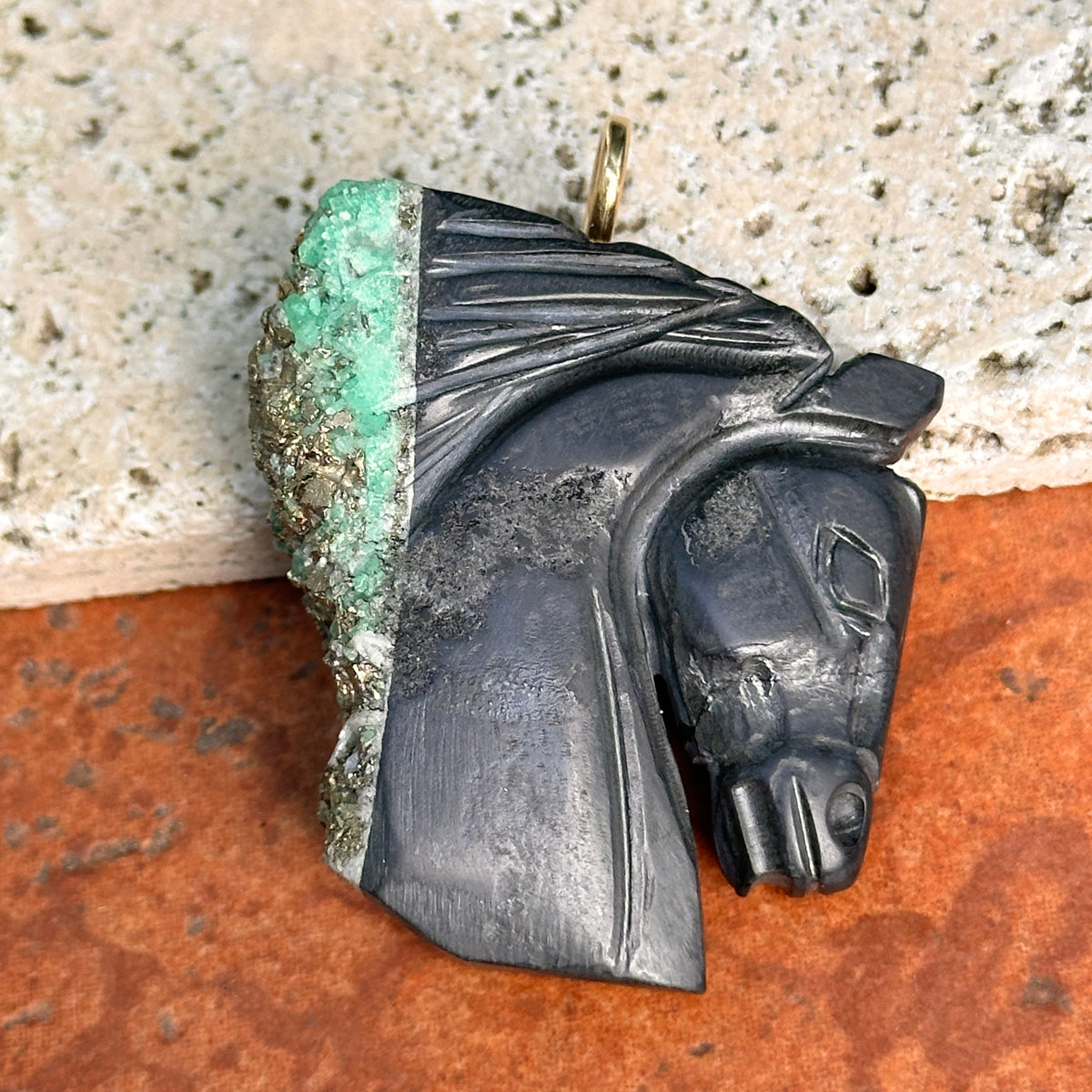 14KT Yellow Gold Carved Rough-Cut Emerald Horse Head Pendant