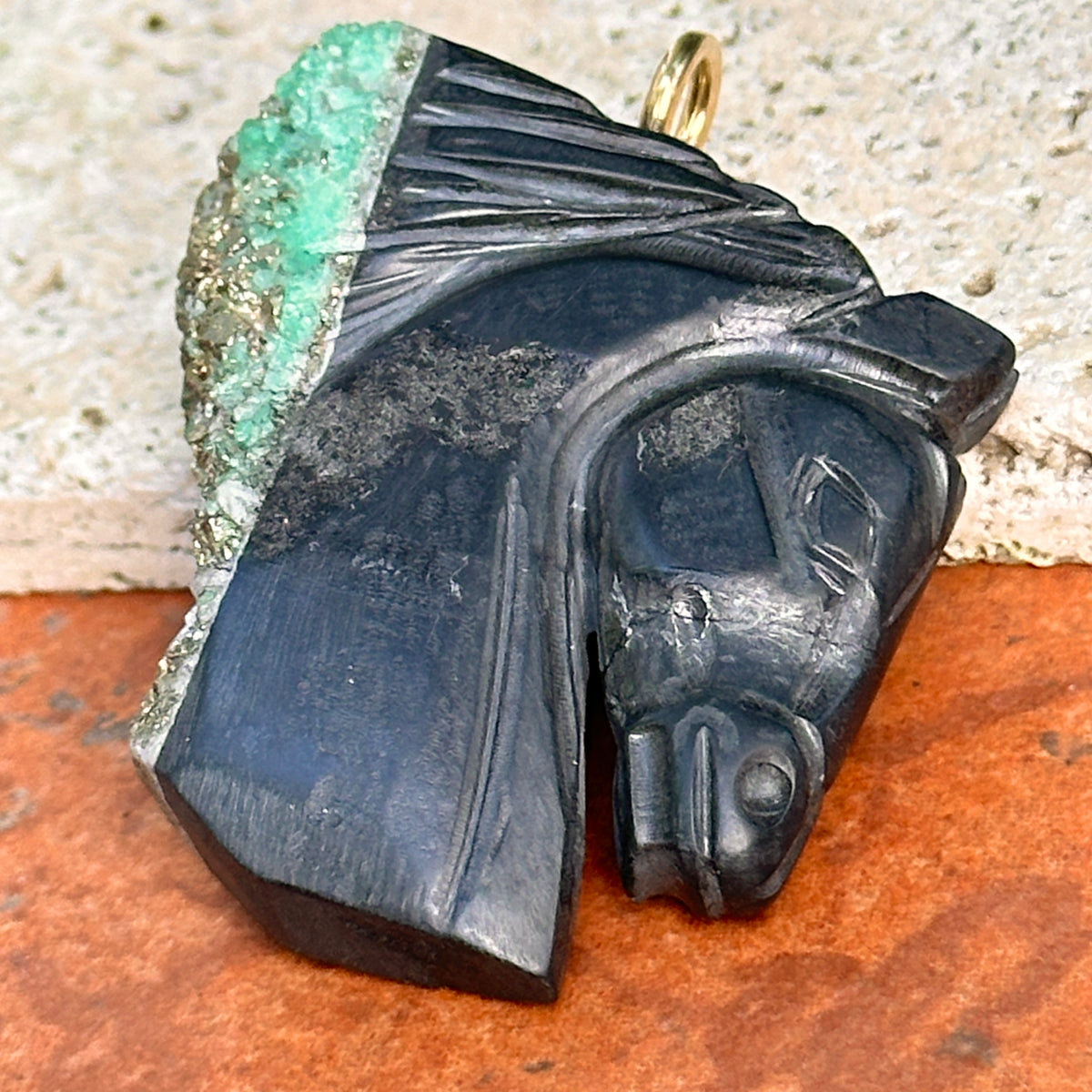 14KT Yellow Gold Carved Rough-Cut Emerald Horse Head Pendant