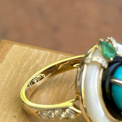 Estate 14KT Yellow Gold Turquoise, Diamond, Onyx, Mother of Pearl Ring