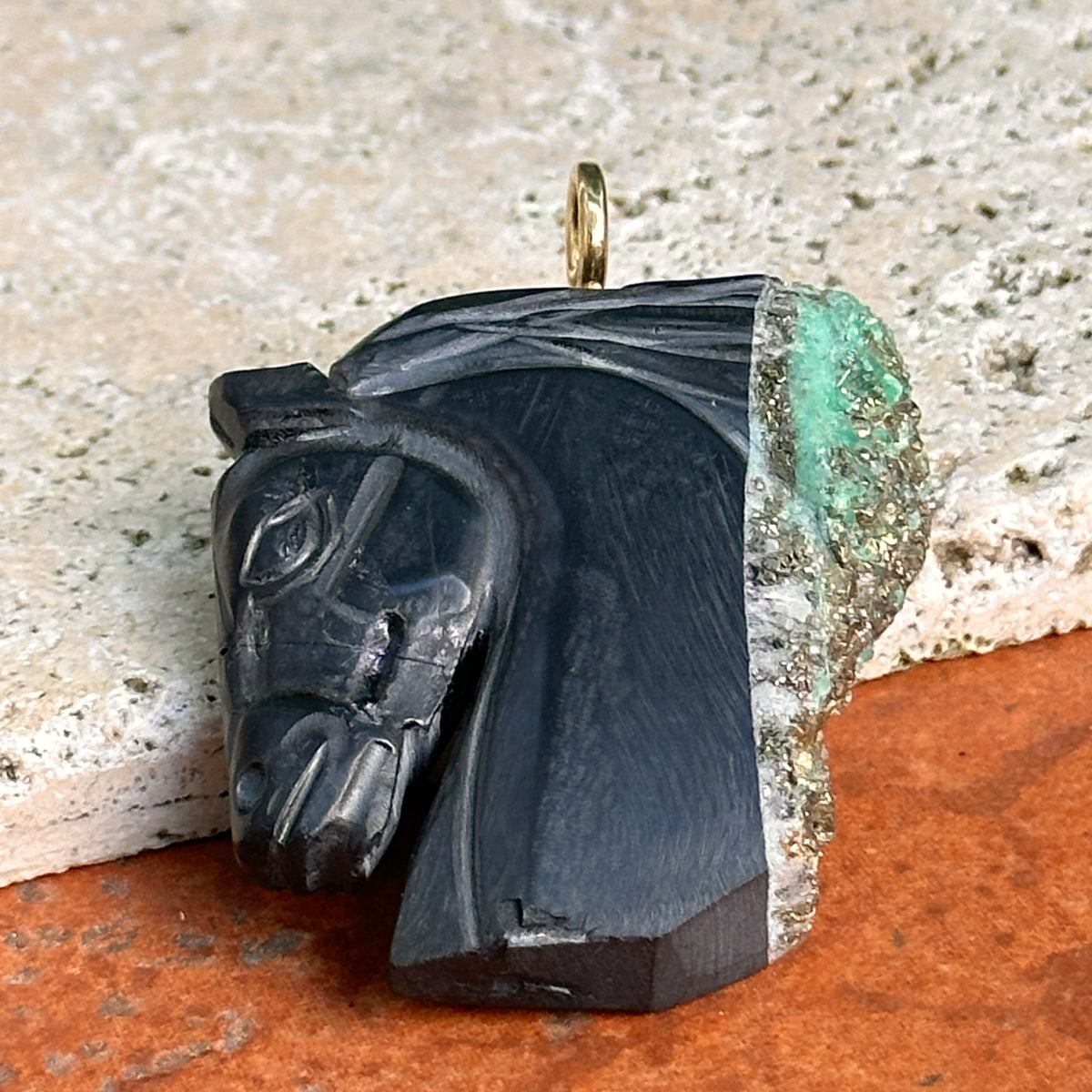 14KT Yellow Gold Carved Rough-Cut Emerald Horse Head Pendant
