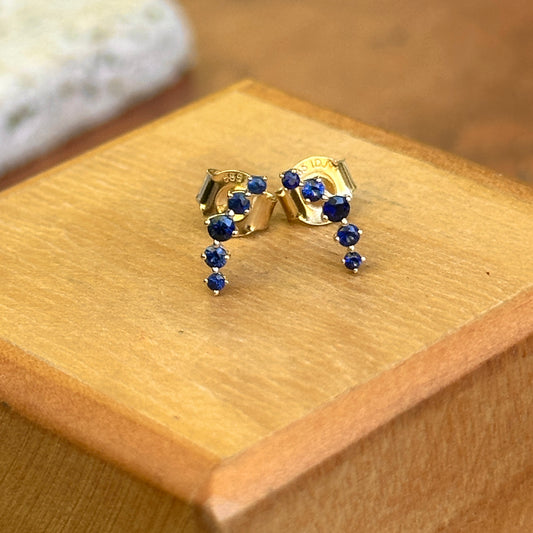 14KT Yellow Gold Round Blue Sapphire Curved Stud Earrings