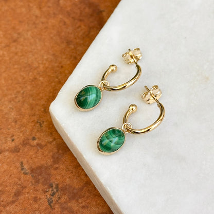14KT Yellow Gold Oval Green Malachite C-Shape Round Hoop Earrings