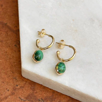 14KT Yellow Gold Oval Green Malachite C-Shape Round Hoop Earrings
