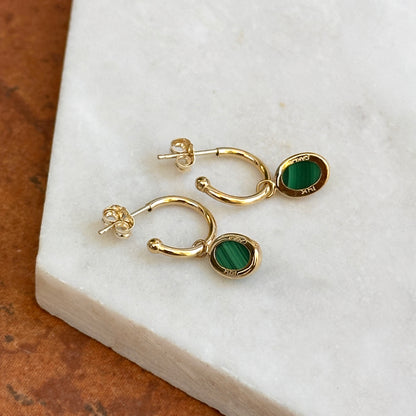 14KT Yellow Gold Oval Green Malachite C-Shape Round Hoop Earrings