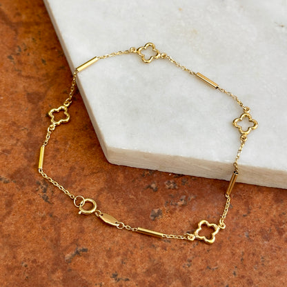 18KT Yellow Gold Clover Cut-Out + Bar Station Chain Bracelet