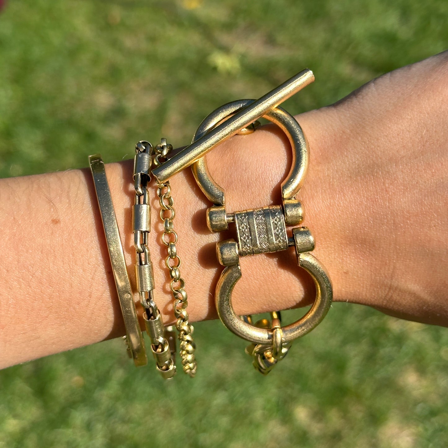 Yellow Gold-Plated Double Horse Bit Curb Link Toggle Bracelet
