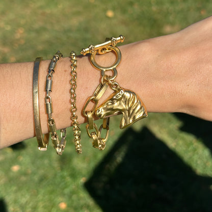 Yellow Tone Horse Head Dangle Oval Link Bracelet + Toggle Clasp