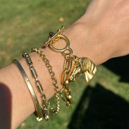 Yellow Tone Horse Head Dangle Oval Link Bracelet + Toggle Clasp