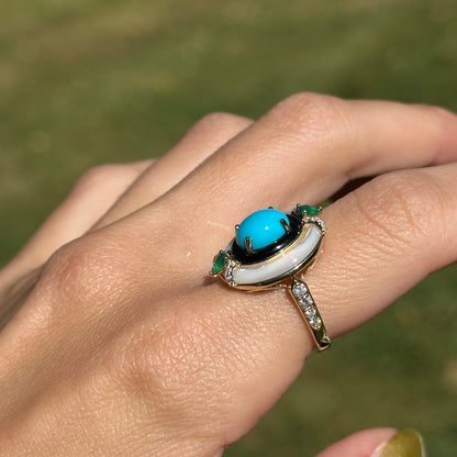 Estate 14KT Yellow Gold Turquoise, Diamond, Onyx, Mother of Pearl Ring