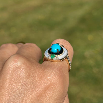 Estate 14KT Yellow Gold Turquoise, Diamond, Onyx, Mother of Pearl Ring