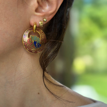 Estate Gold-Tone Cloisonne Enameled Metal Round Door Knocker Earring Charms