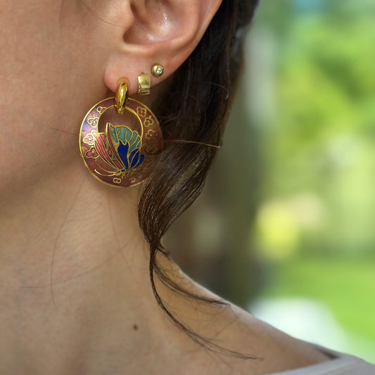 Estate Gold-Tone Cloisonne Enameled Metal Round Door Knocker Earring Charms