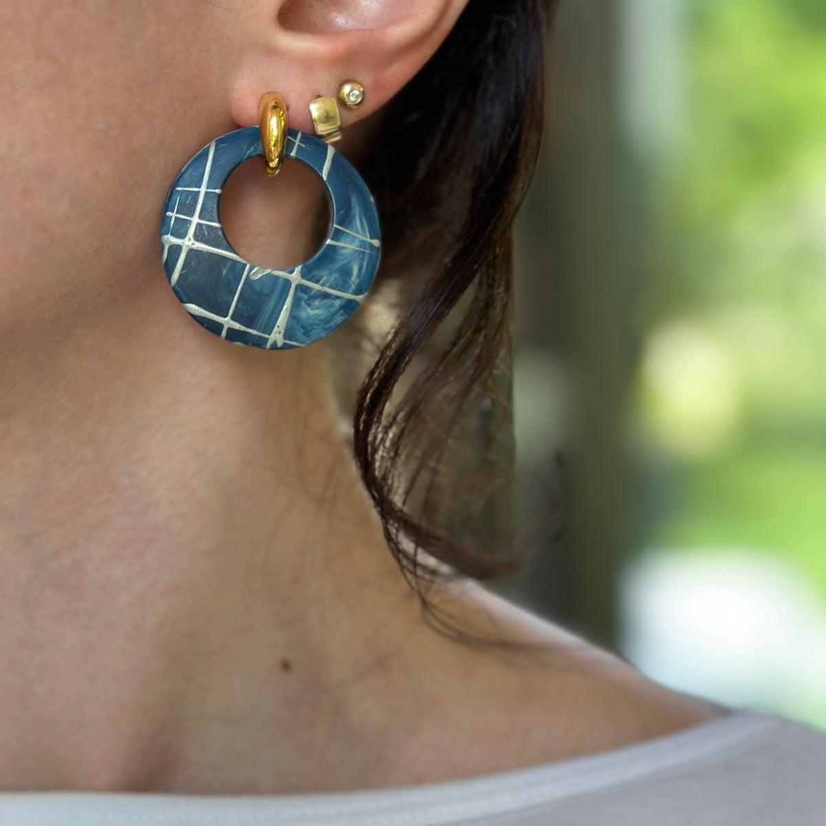 Estate Blue + Gray Painted Lines Round Door Knocker Earring Charms