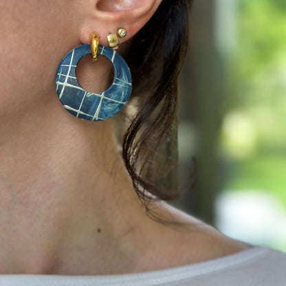 Estate Blue + Gray Painted Lines Round Door Knocker Earring Charms