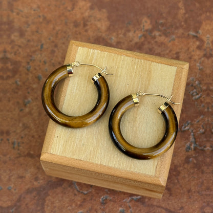 Estate 14KT Yellow Gold Tiger's Eye Hoop Earrings