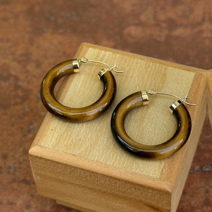 Estate 14KT Yellow Gold Tiger's Eye Hoop Earrings