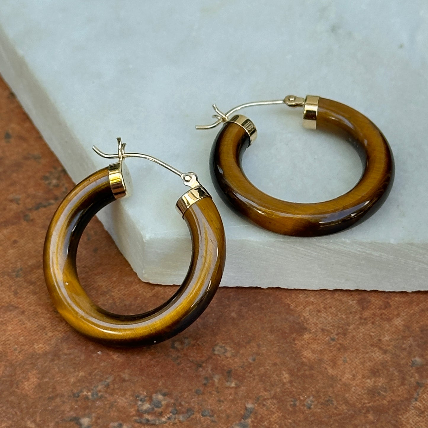 Estate 14KT Yellow Gold Tiger's Eye Hoop Earrings