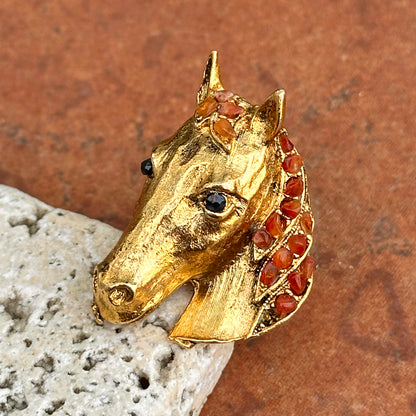 Estate 18KT Yellow Gold-Plated Onyx + Carnelian Horse Ring - LSJ