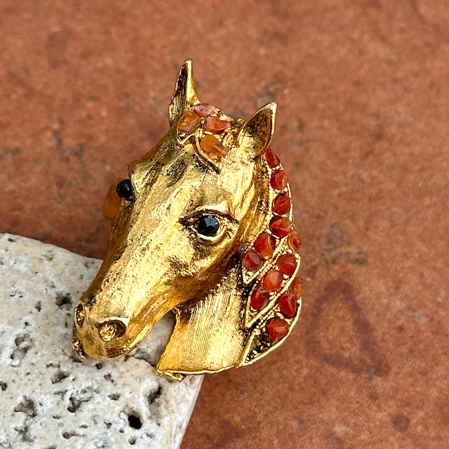 Estate 18KT Yellow Gold-Plated Onyx + Carnelian Horse Ring - LSJ