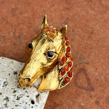 Estate 18KT Yellow Gold-Plated Onyx + Carnelian Horse Ring - LSJ