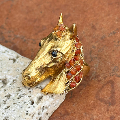 Estate 18KT Yellow Gold-Plated Onyx + Carnelian Horse Ring - LSJ