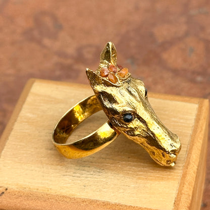 Estate 18KT Yellow Gold-Plated Onyx + Carnelian Horse Ring - LSJ