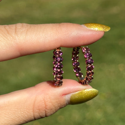 18KT Yellow Gold Oval Pink Tourmaline Inside/ Out Hoop Earrings