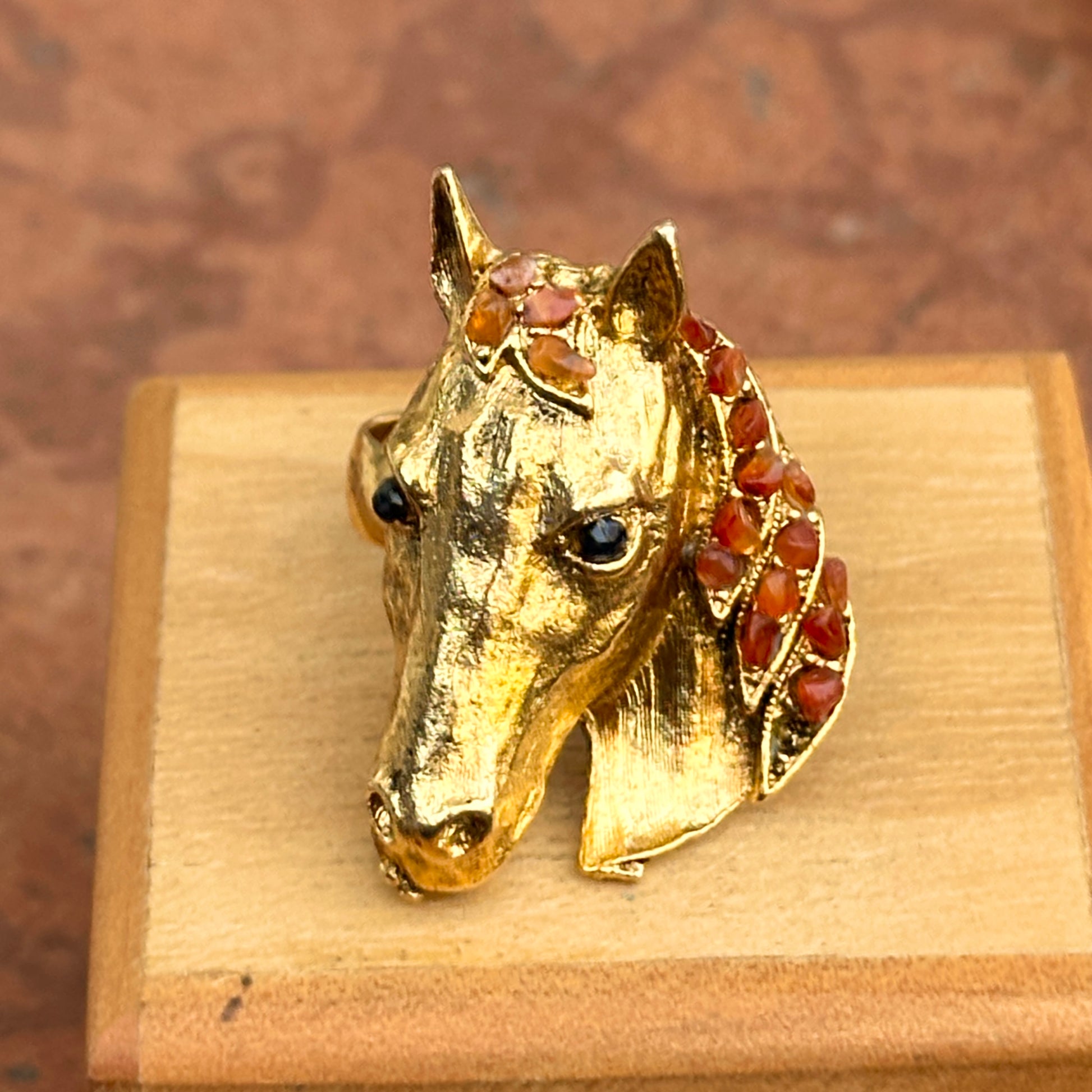 Estate 18KT Yellow Gold-Plated Onyx + Carnelian Horse Ring - LSJ