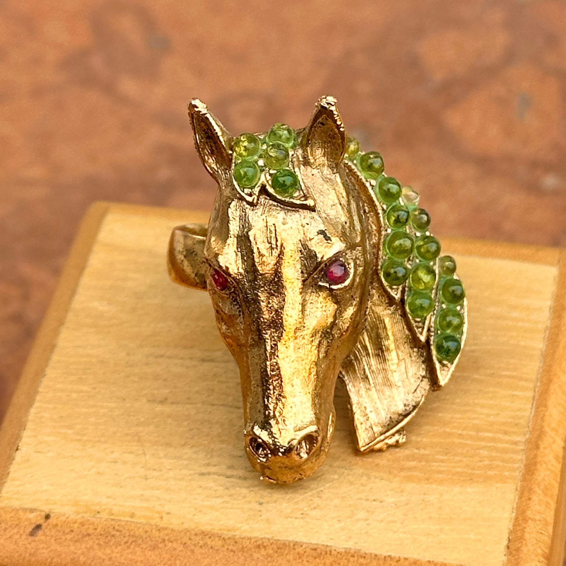 Estate 18KT Yellow Gold-Plated Peridot + Ruby Horse Ring - LSJ