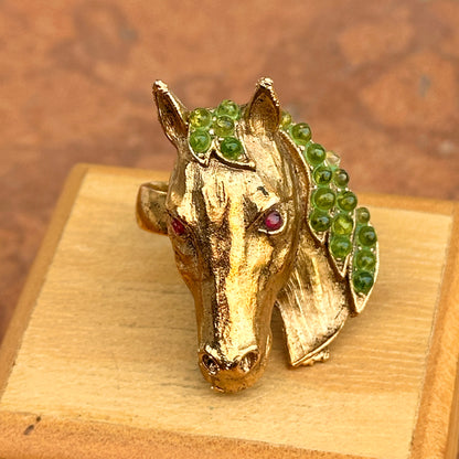 Estate 18KT Yellow Gold-Plated Peridot + Ruby Horse Ring - LSJ