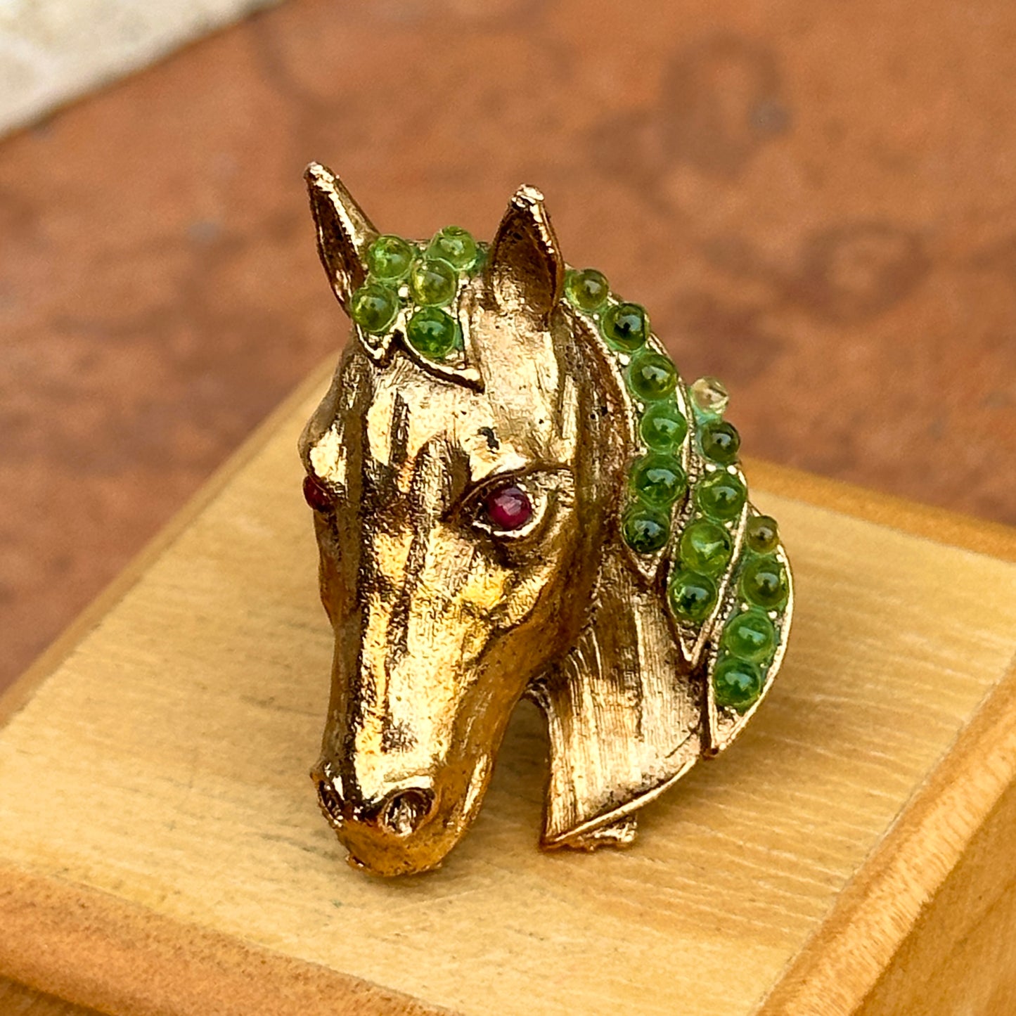 Estate 18KT Yellow Gold-Plated Peridot + Ruby Horse Ring - LSJ
