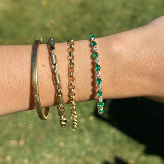 Estate 14KT Yellow Gold Oval Emerald + Bezel Set Diamond Flexible Bracelet