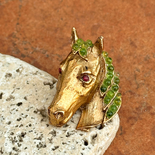 Estate 18KT Yellow Gold-Plated Peridot + Ruby Horse Ring