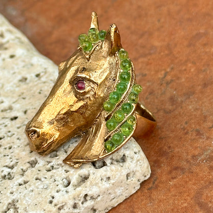 Estate 18KT Yellow Gold-Plated Peridot + Ruby Horse Ring - LSJ