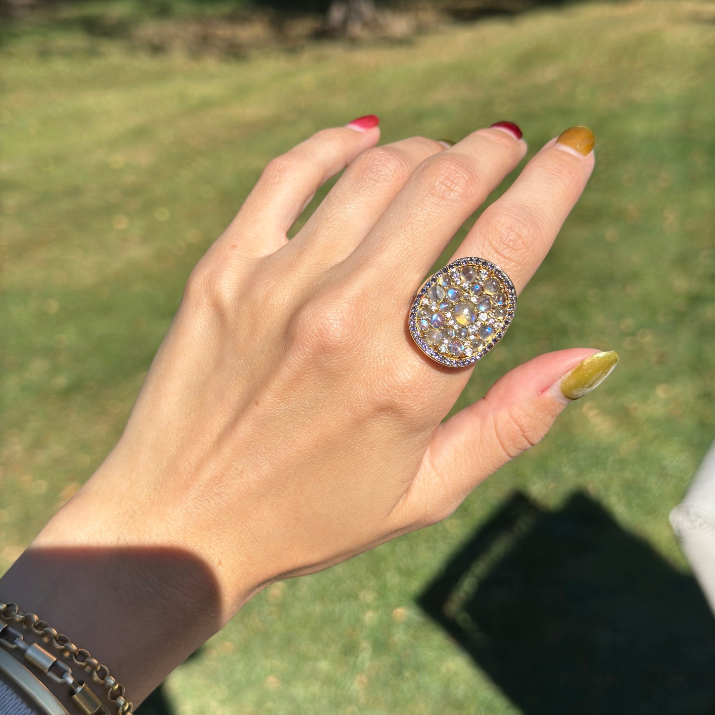 Sterling Silver Yellow Gold-Plated Labradorite, Moonstone, Iolite, and Cubic Zirconia Ring