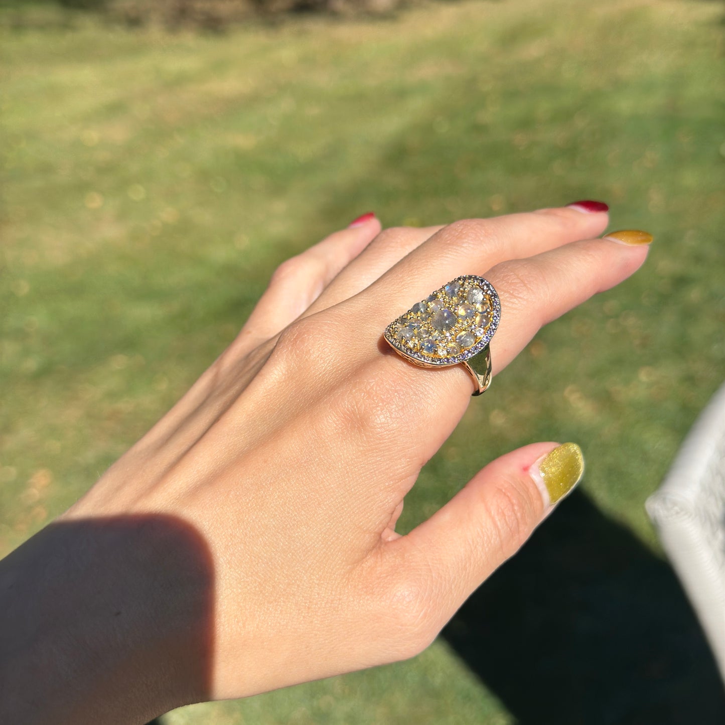 Sterling Silver Yellow Gold-Plated Labradorite, Moonstone, Iolite, and Cubic Zirconia Ring