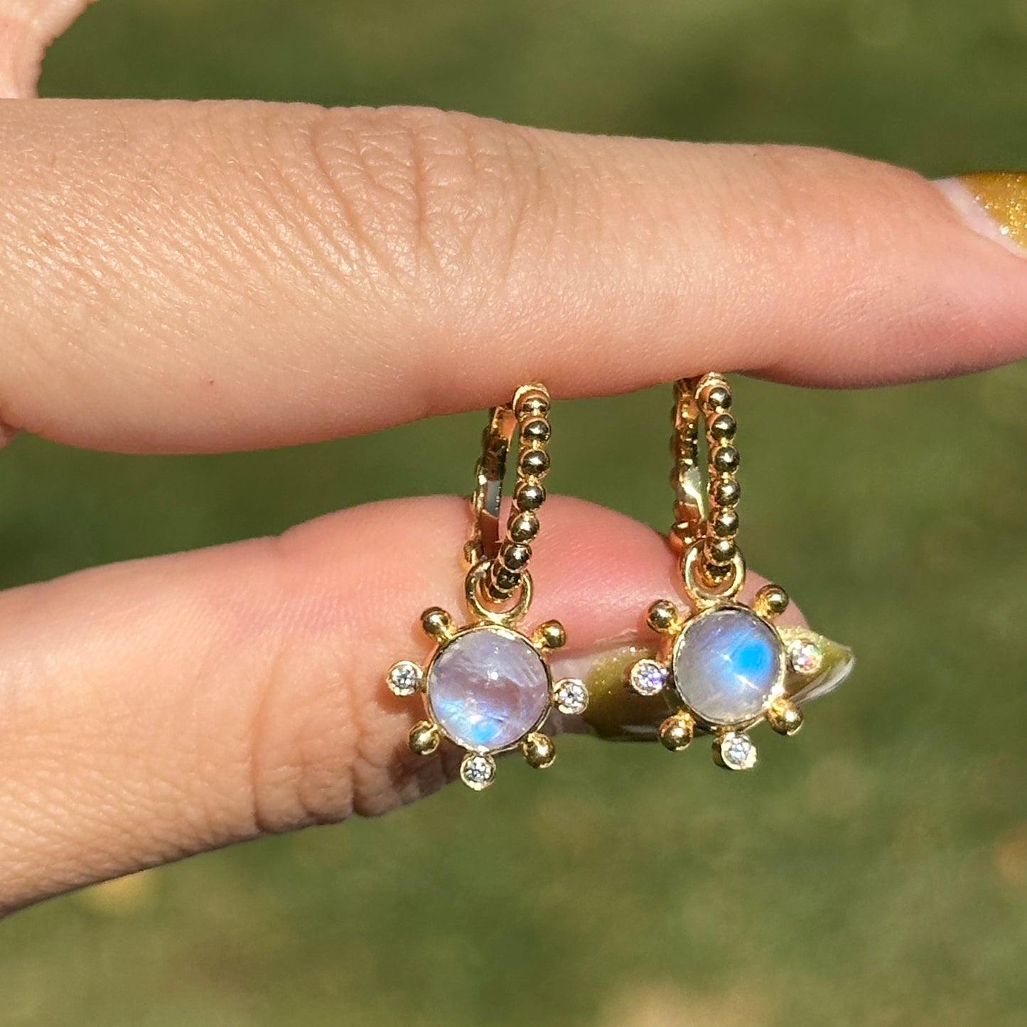 14KT Yellow Gold Round Cabochon Moonstone + Diamond Charm Earrings