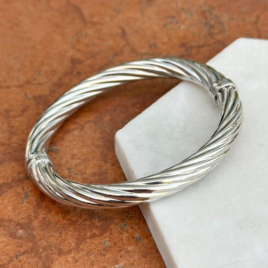 Sterling Silver Ribbed Twist Oval Hinged Bangle Bracelet