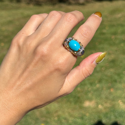 Sterling Silver Yellow Gold-Plated Turquoise, Round Iolite and Cubic Zirconia Ring