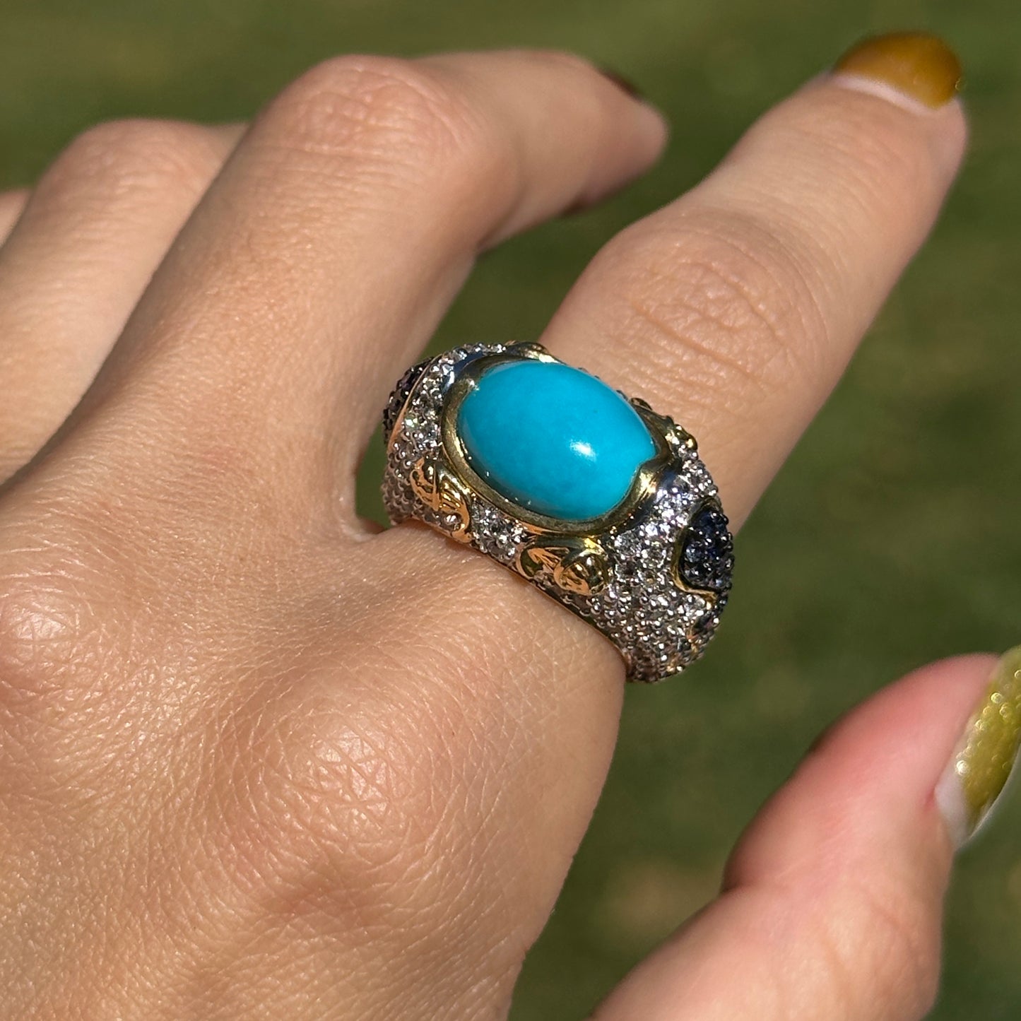Sterling Silver Yellow Gold-Plated Turquoise, Round Iolite and Cubic Zirconia Ring