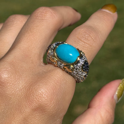 Sterling Silver Yellow Gold-Plated Turquoise, Round Iolite and Cubic Zirconia Ring