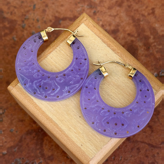 Estate 14KT Yellow Gold Genuine Carved Filigree Purple Lavender Jade Tube Round Hoop Earrings 20mm