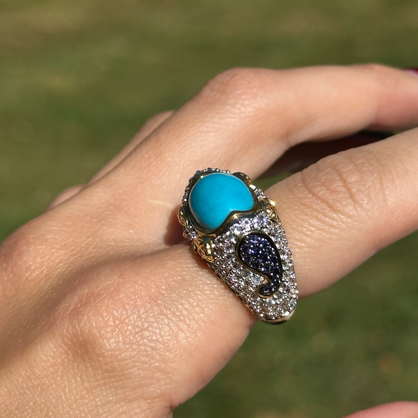 Sterling Silver Yellow Gold-Plated Turquoise, Round Iolite and Cubic Zirconia Ring