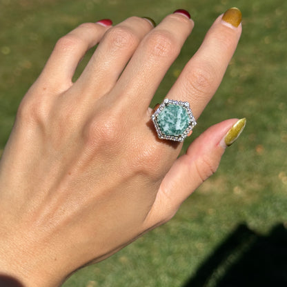 Sterling Silver Yellow Gold-Plated Hexagon Moss Agate + Cubic Zirconia Ring