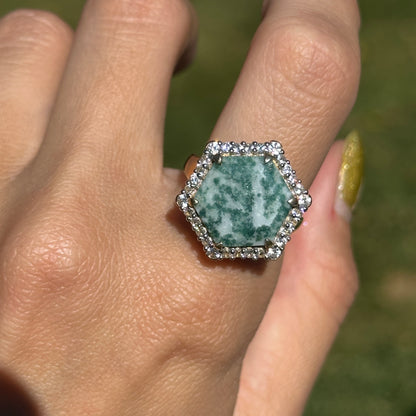 Sterling Silver Yellow Gold-Plated Hexagon Moss Agate + Cubic Zirconia Ring