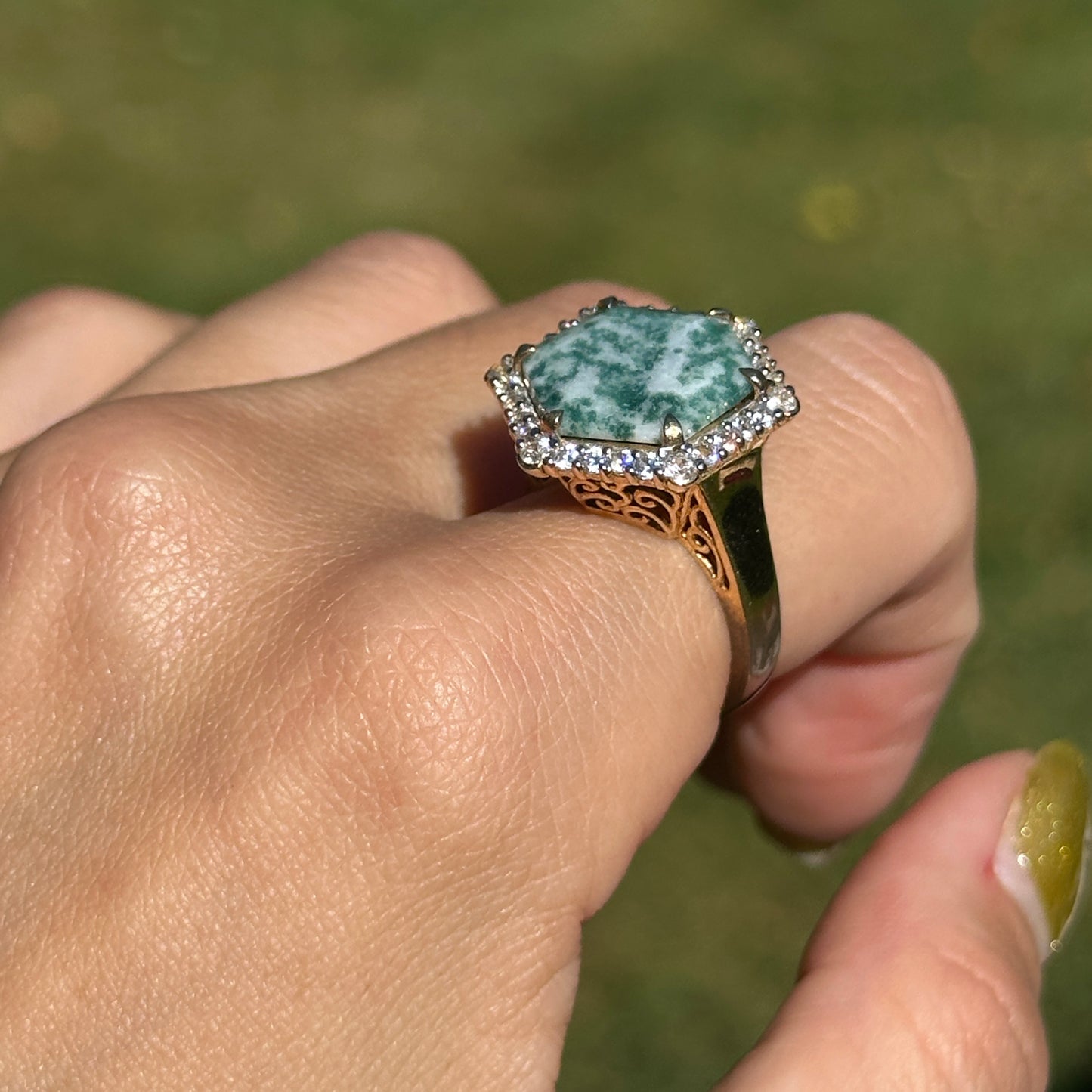 Sterling Silver Yellow Gold-Plated Hexagon Moss Agate + Cubic Zirconia Ring