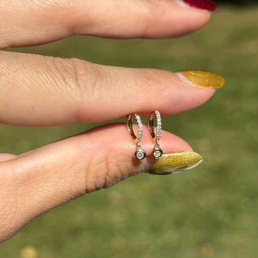 14KT Yellow Gold Small Round Diamond Huggie Hoop Dangle Earrings