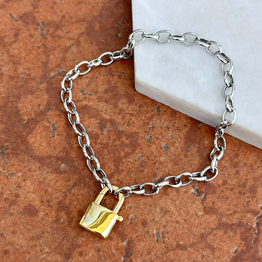 Sterling Silver + Gold-Plated Padlock Chain Bracelet