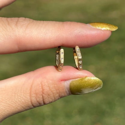 14KT Yellow Gold Brushed Round Diamond Geometric Huggie Earrings