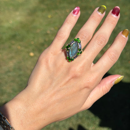 Sterling Silver Yellow Gold-Plated Marquise Labradorite Pear Chrome, Iolite, Cubic Zirconia Ring